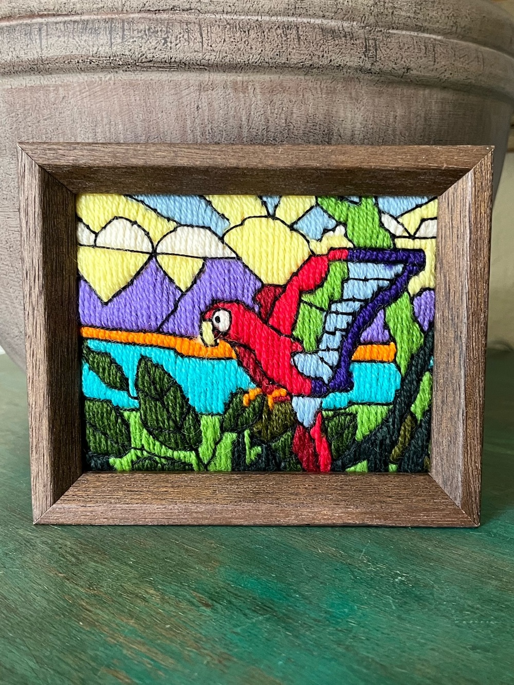 Parakeet Bird Crewel Embroidery Wood Frame Vintage